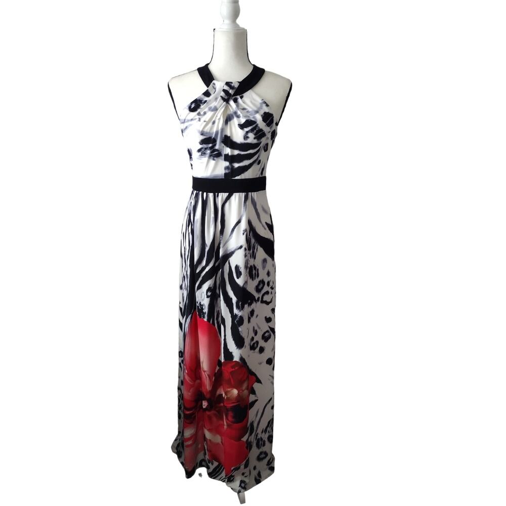 Bisou Bisou Women's Maxi Dress Size 8 Floral Black & White Red Flower Halter‎